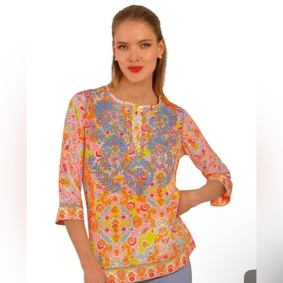 Gretchen Scott Silk Hand Embroidered Tunic Watteau Women’s L  Boho Colorful Top - Picture 1 of 10